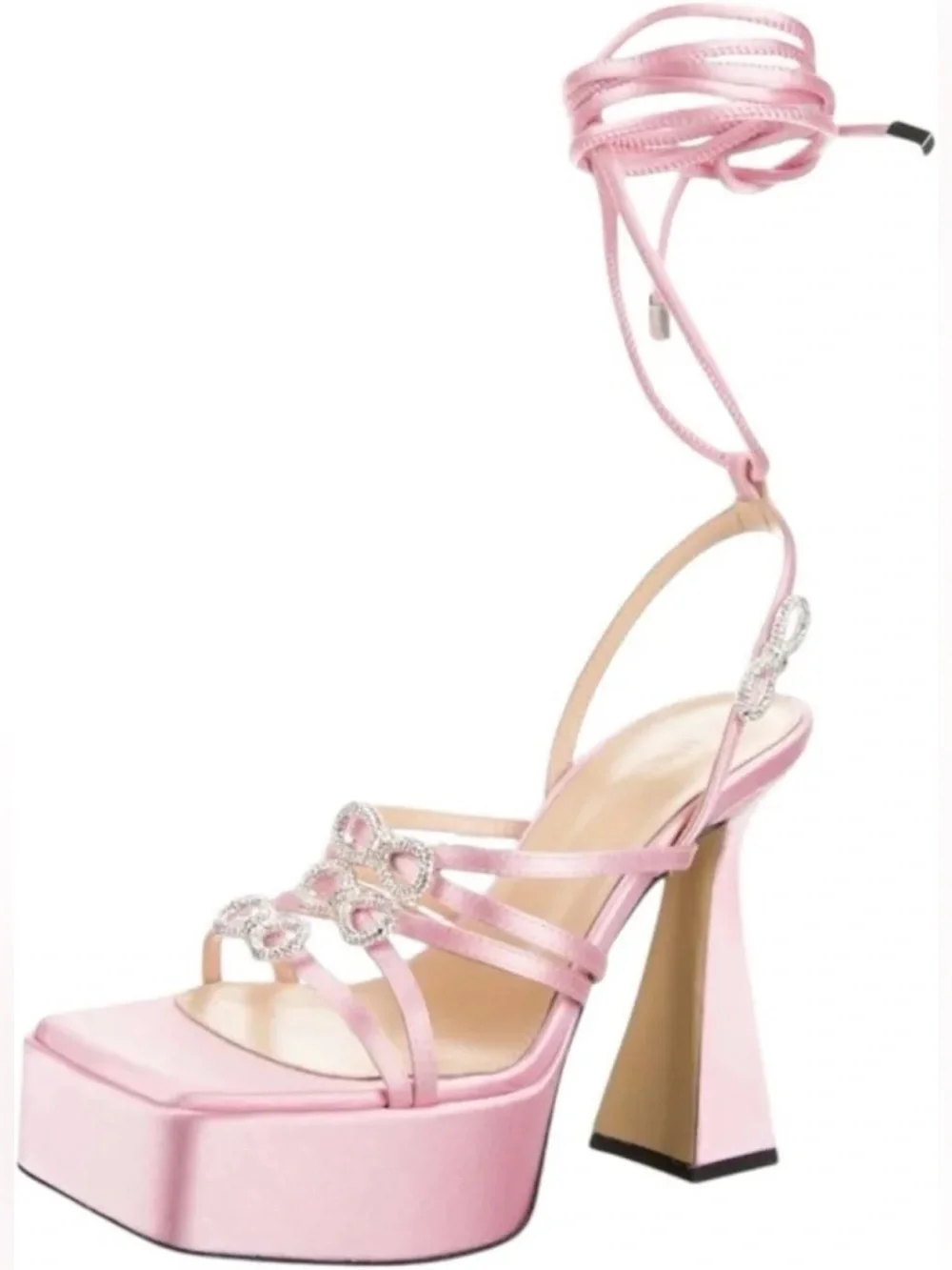 Mach & Mach Pink Satin Double Bow Crystal Embellished Platform Sandals size 38